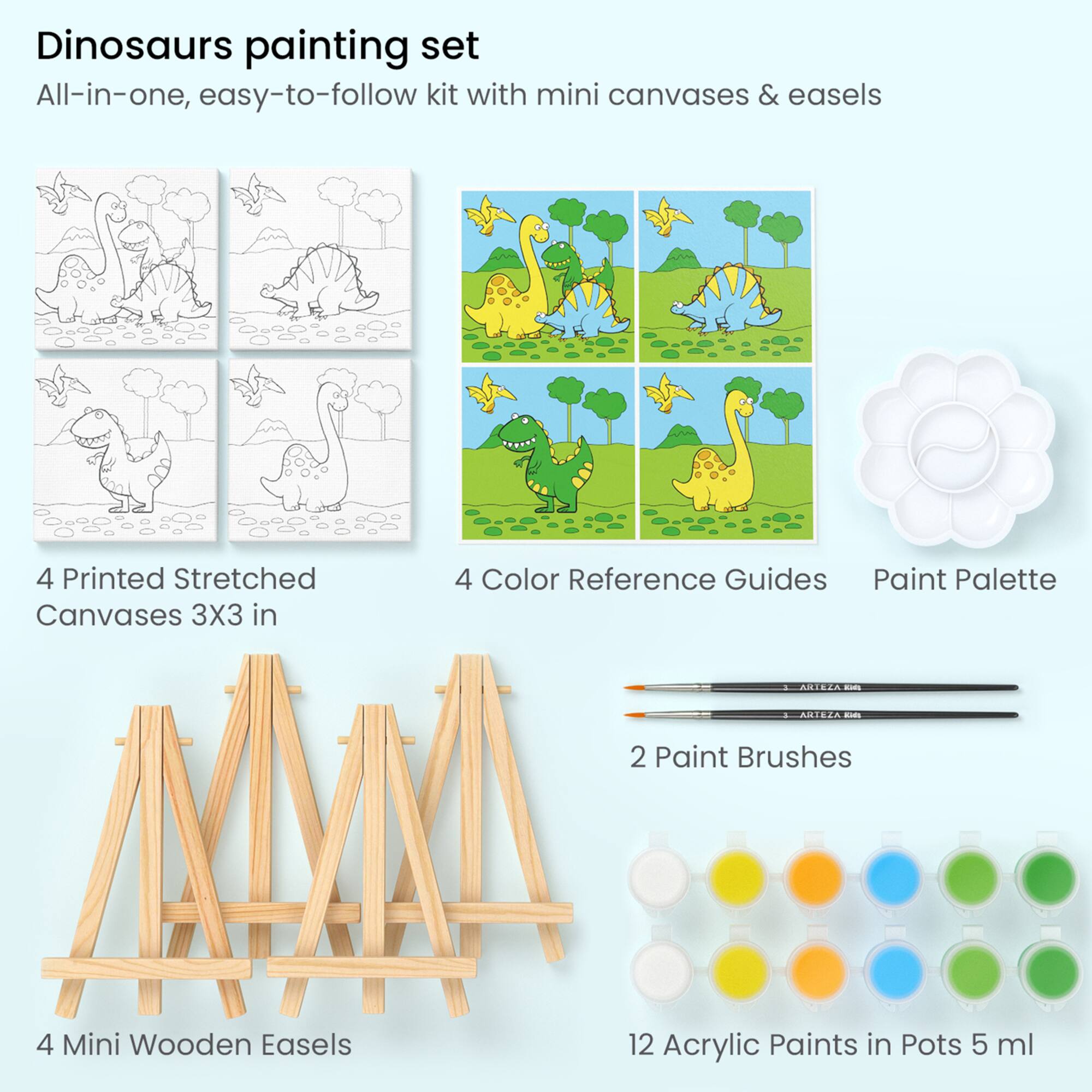 Arteza® Kids Canvas Paint Kit, 4 Mini Canvas- 3 x 3 with Easel